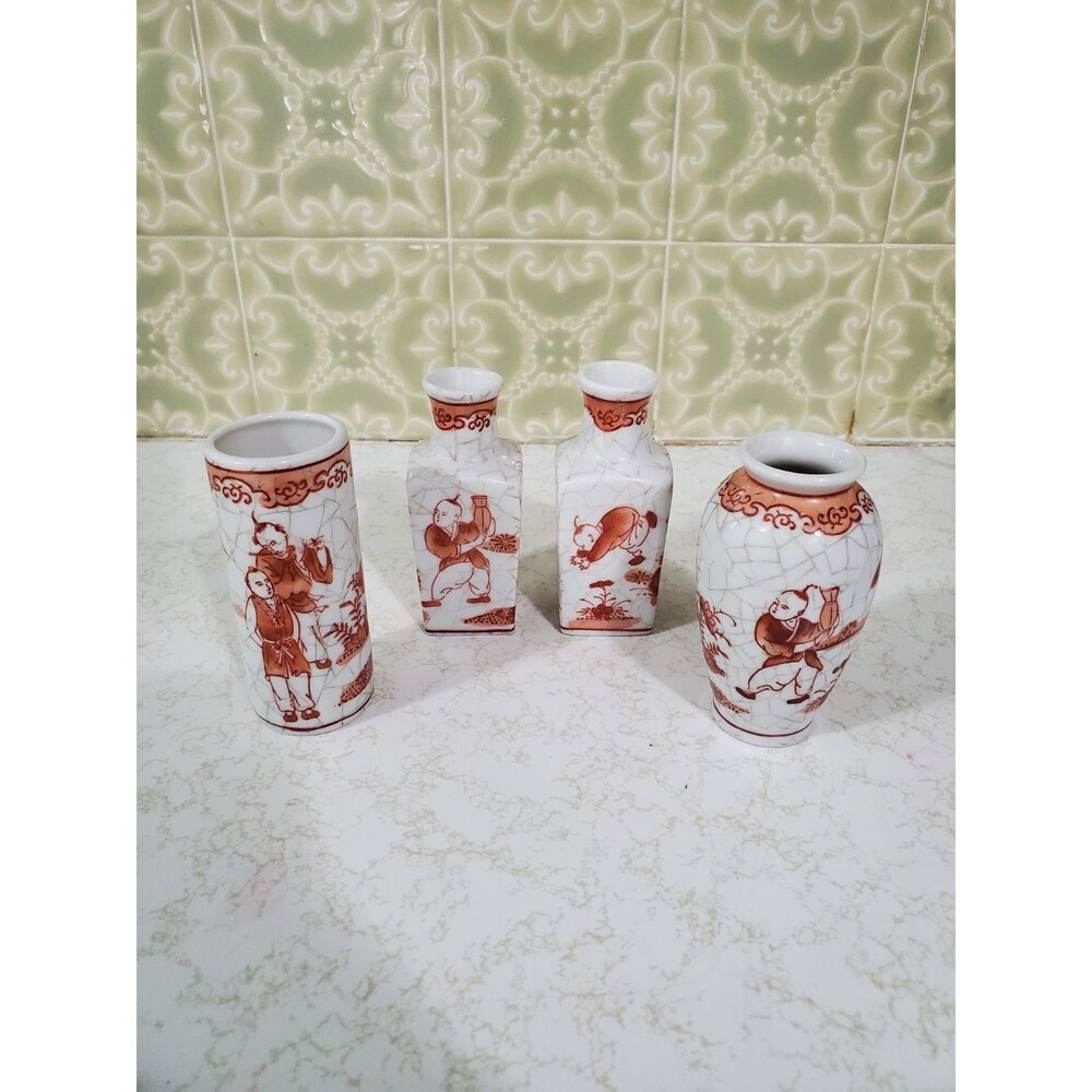 Oriental Objects D'Art Orange & White Crackle Mini Vases Decorative  Macau Lot 4